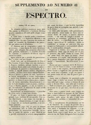 capa do Supplemento ao Número 41 de 16/4/1847